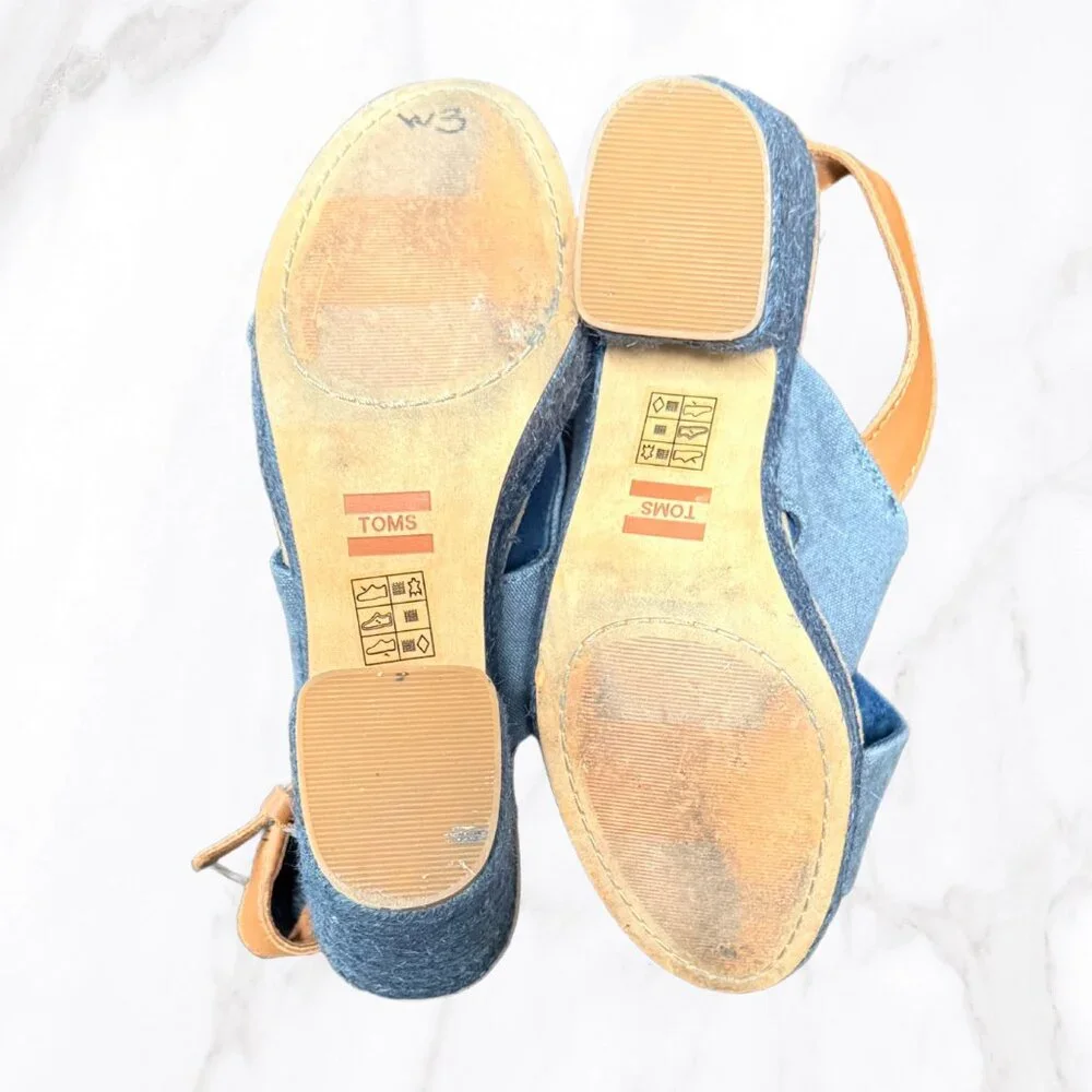 TOMS‎ Women's Denim Blue Raffia Wedge Sandals, Size 6.5
